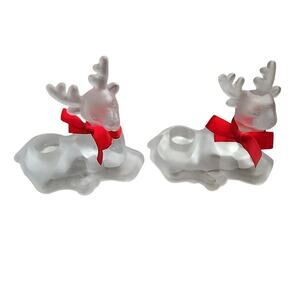 ST NICHOLAS SQUARE FROSTED GLASS REINDEER CHRISTMAS CANDLE HOLDERS